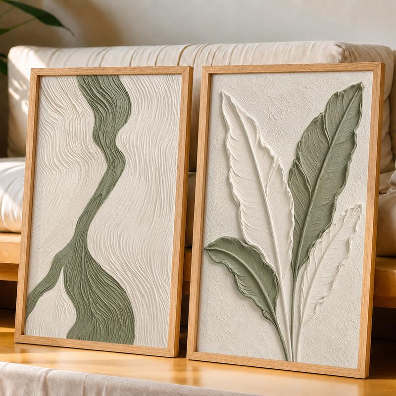 Image of NoWorries Textured Botanical Leaf Wall Painting Set of 2 with Frame | Sage Green & Beige Abstract Nature Artwork, Minimal Modern Wall Decor for Living Room, Bedroom, Office and Home Decoration (Art-1, 25x37inch)
