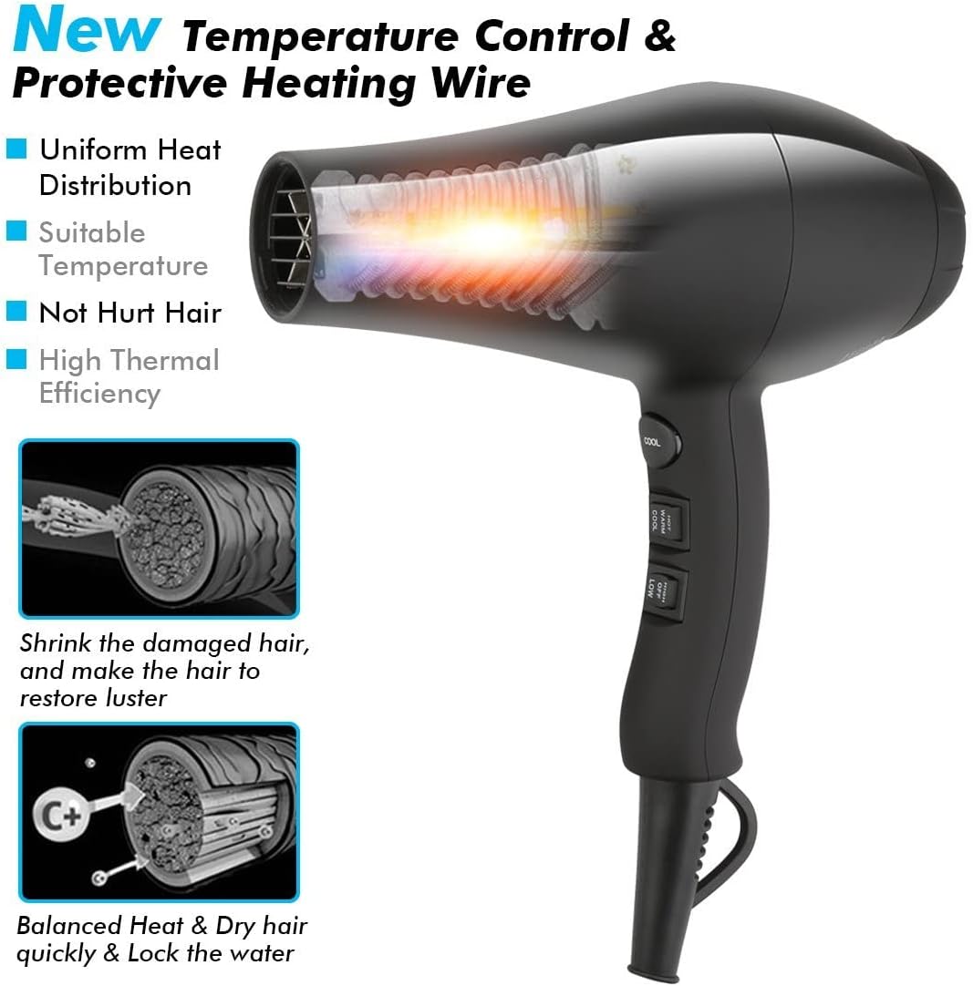 JINRI Hair Dryer, 1875W, 3 Heat & 2 Speed, with Diffuser, with Concentrator, Ionic Technology & Infrared - Black, Detachable Air Intake, Hanging Strap, Non-Foldable, 220V-240V, JINRI-104 - Image 4