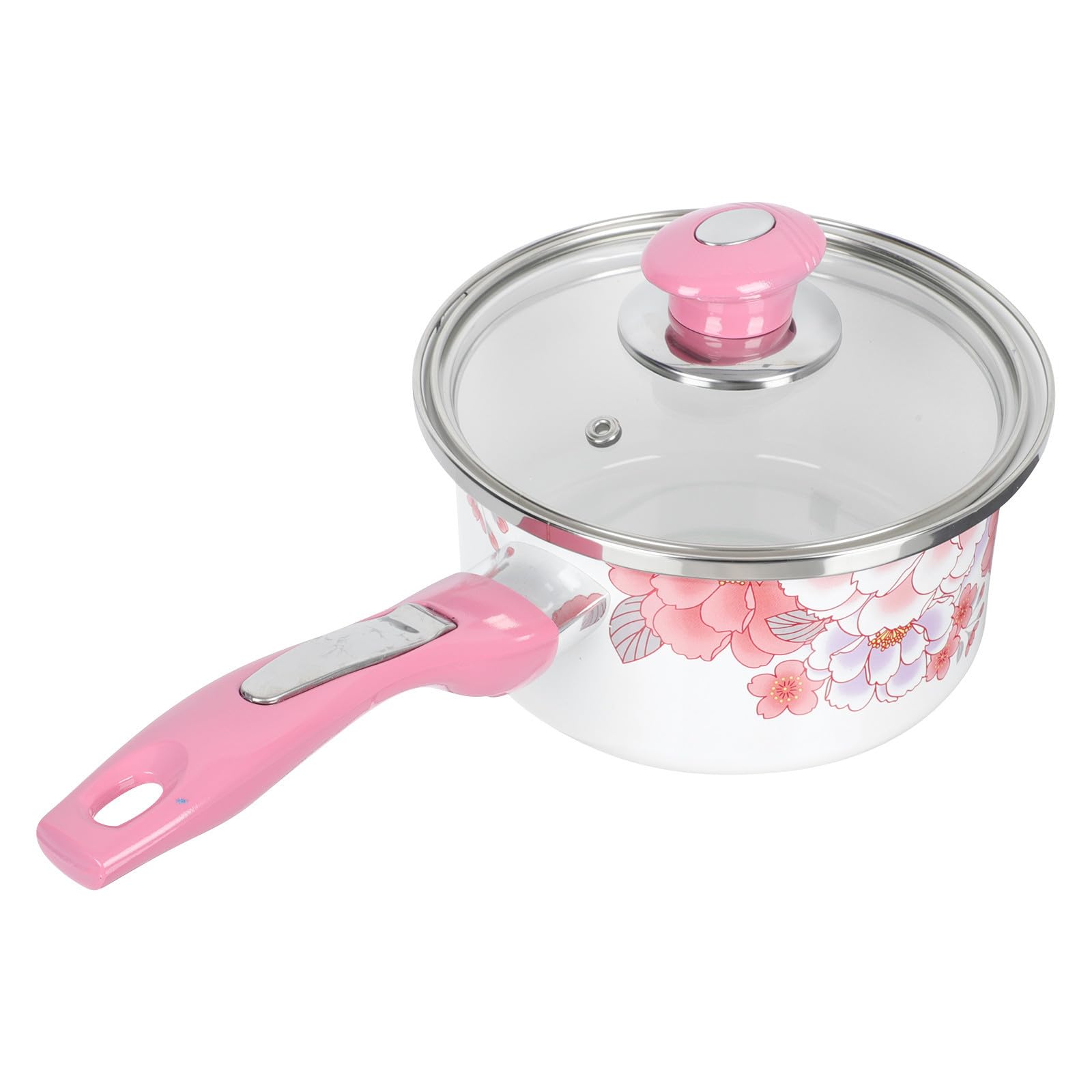 Luxshiny Dicker Emaillierter Babytopf in Rosa mit Glasdeckel Runder Kleiner Kochtopf für Küche Komfortabel zu Greifen zum Nudeln Kochen und Hühner Zubereiten