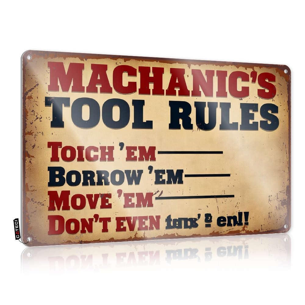 Fzfn Men's Colour Decoration Garage Decor For Vintage Style | Mechanic's Tool Rules: Touch 'Em, Borrow 'Em, Move 'Em Weathered Waterproof Home Decor(20X30cm)