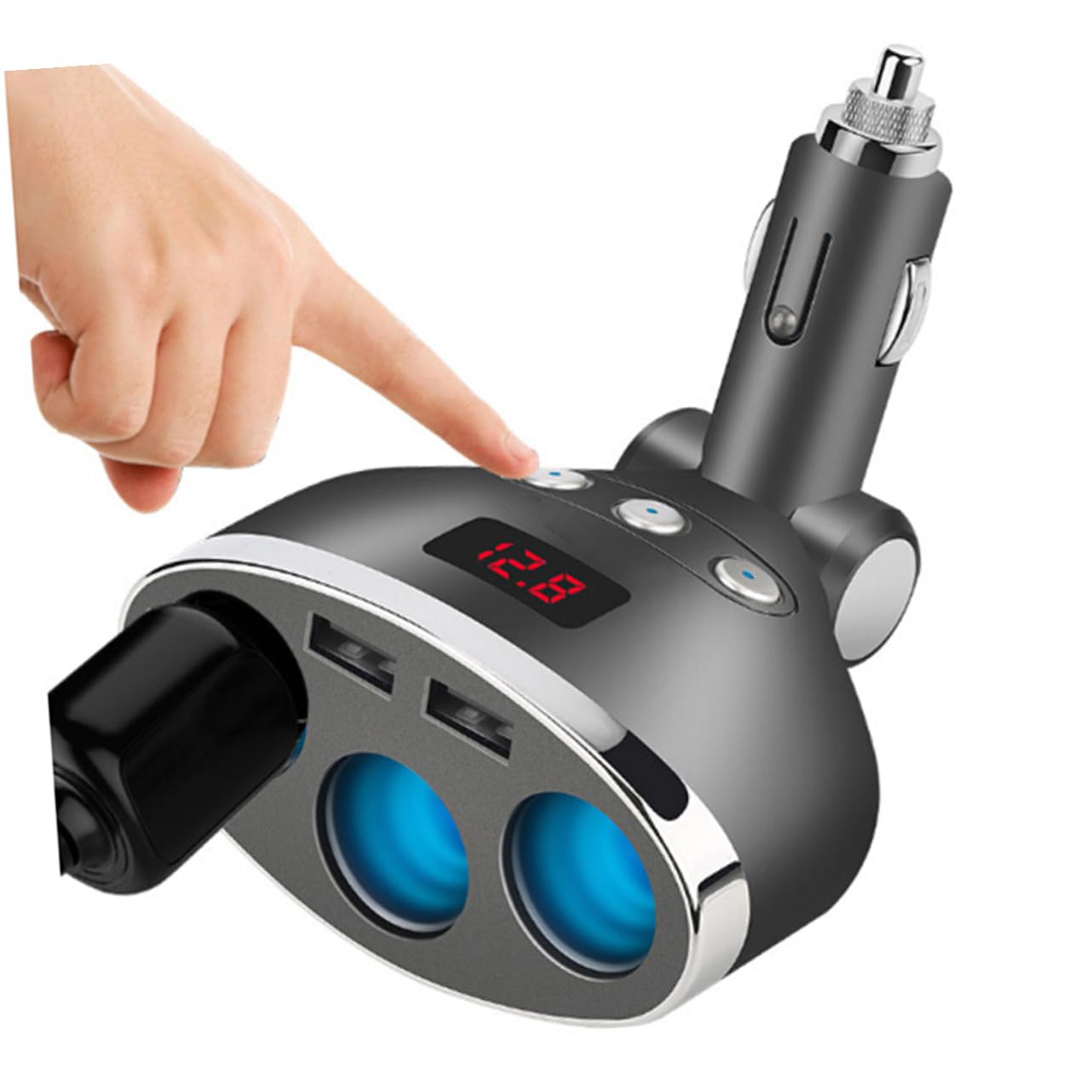 Caricabatterie Auto con Splitter da Prese Accendisigari Dc Alimentatore Auto con Off e Display Tensione Doppia Porta USB Ricarica Rapida per Cellulari Tablet
