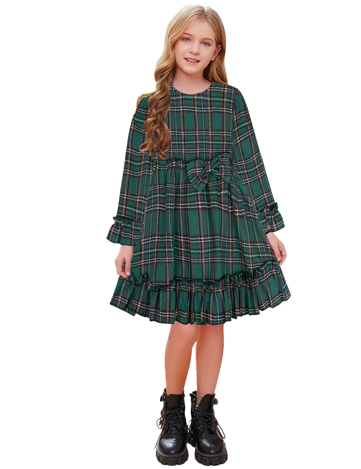 AGQT Vestito natalizio scozzese per ragazze, a maniche lunghe, girocollo, camicia invernale, taglia 2-14T