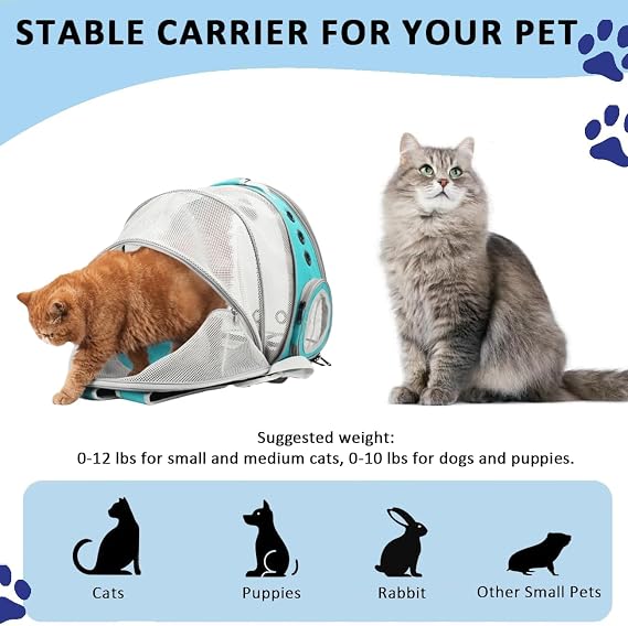 Cat Carrier Backpack, Expandable Cat Carrier Backpack, Ventilated Cat Bubble Backpack for Pet, Pet Carrier for Travel Hiking Walking Camping (light Blue, Rear Extension)