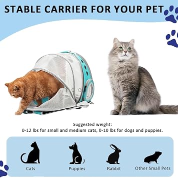 Cat Carrier Backpack, Expandable Cat Carrier Backpack, Ventilated Cat Bubble Backpack for Pet, Pet Carrier for Travel Hiking Walking Camping (light Blue, Rear Extension)