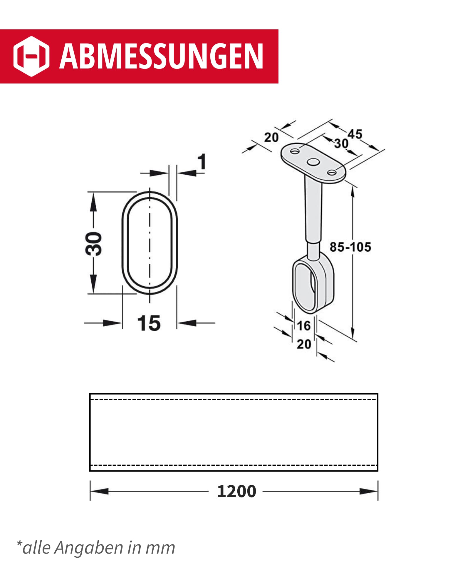 Gedotec Tubo per mobili | Asta appendiabiti in metallo OVALE 1200 mm con 2 cuscinetti per tubi per armadio per montaggio a soffitto | Acciaio Cromato | Tubo dell'armadio 30 x 15 mm | 1 Set
