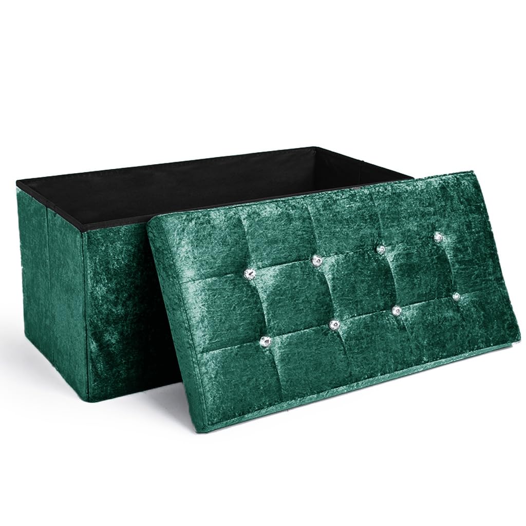 Home Republic Crushed Velvet Ottoman Storage Box – Foldable Cube Ottoman with Lid – Multipurpose Toy Chest, Foot Rest, Bench Seat & Nursery Storage Solution (Green Emerald, 76W)