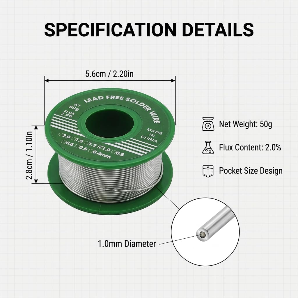 Alambre de Soldadura sin Plomo 1mm 50g Sn99.3% Cu0.7%, Estaño para Soldar con Núcleo de Colofonia 2% Flux, Hilo Estaño Soldadura para Electrónica PCB, Reparación de Cables y Proyectos DIY — view 2
