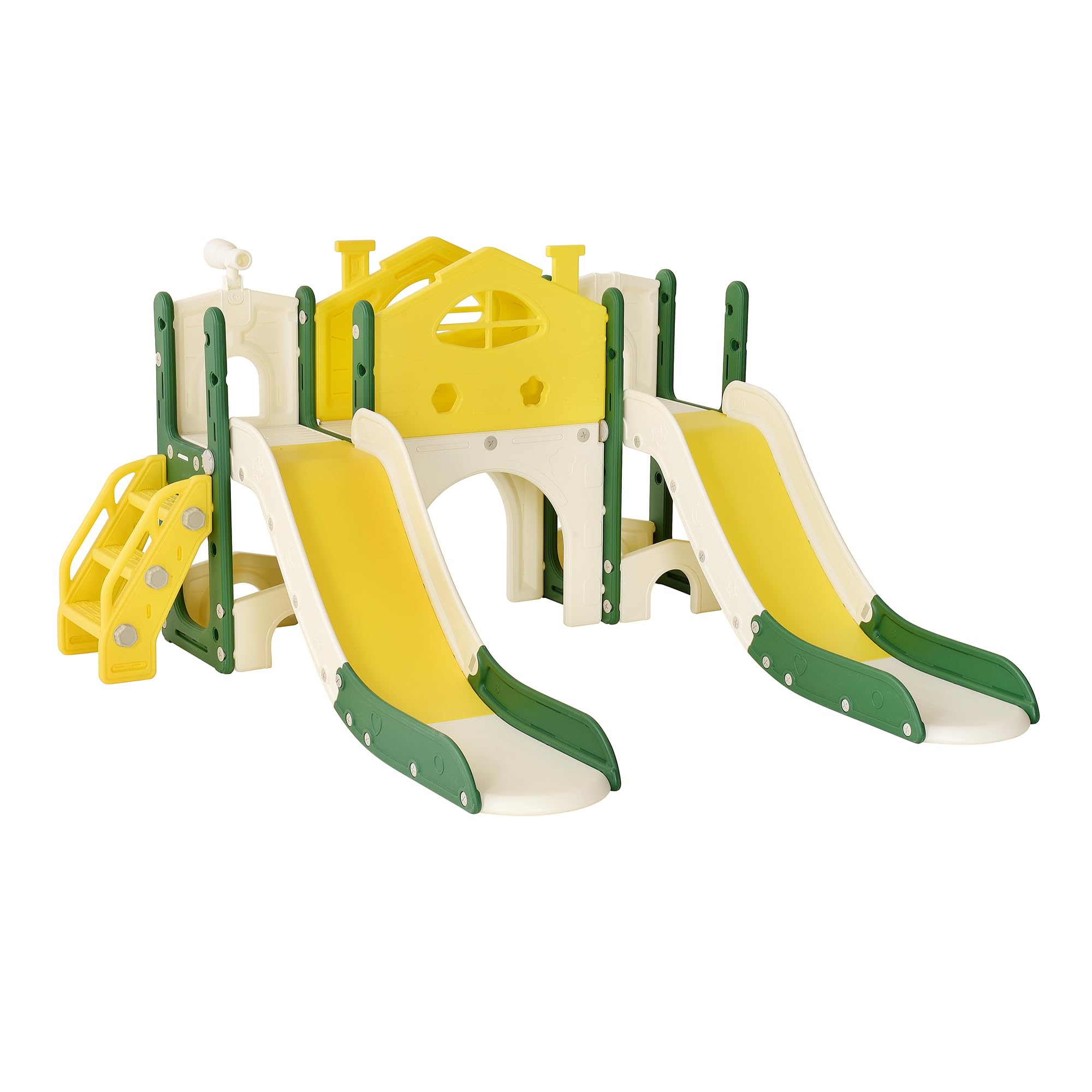 Tobogán infantil 7 en 1 con estructura de escalada, canasta de baloncesto y túnel – Juego de tobogán de jardín para interiores y exteriores para niños a partir de 1 año, juego de toboganes de plástico