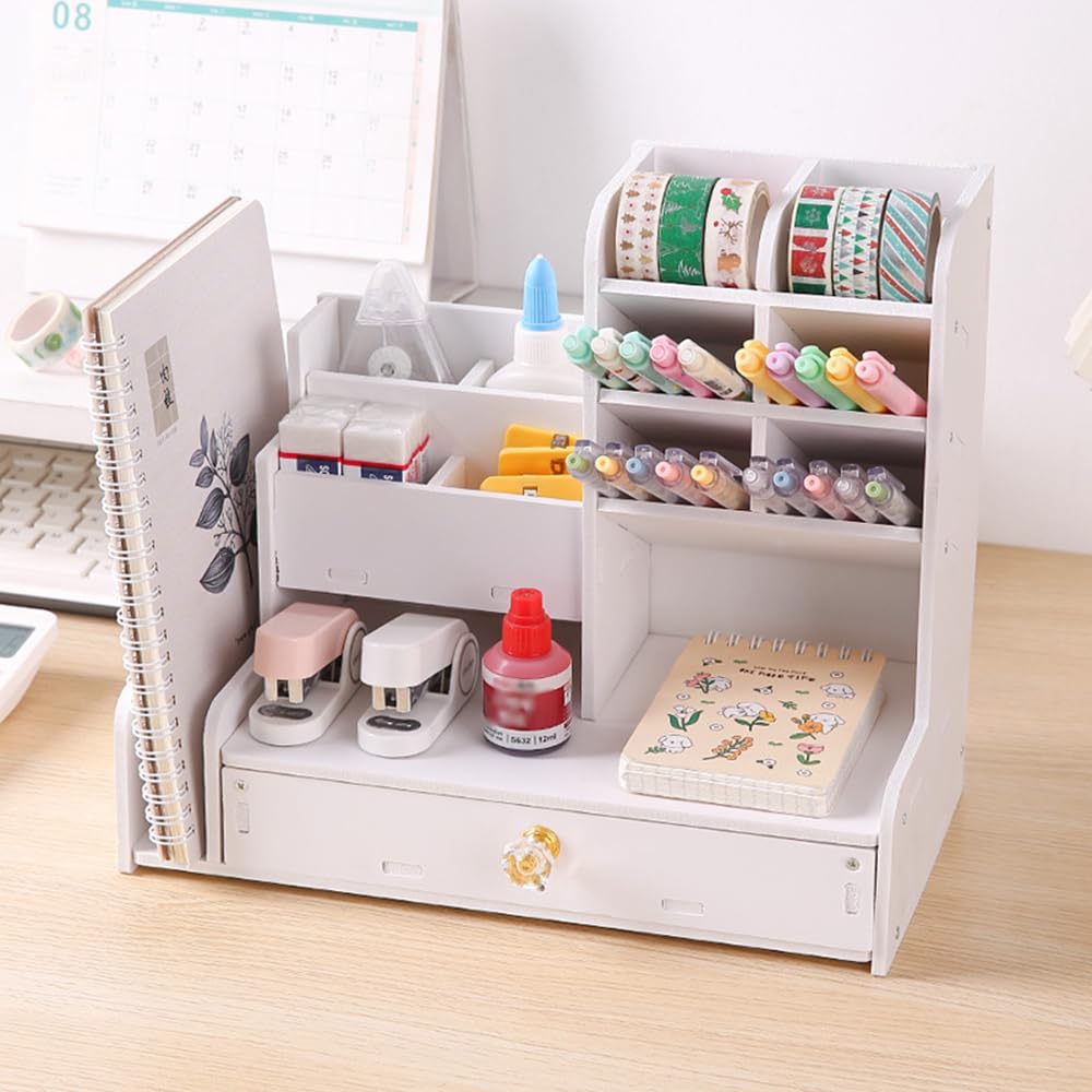 Schreibtisch-Organizer mit Schublade – weißer Stifthalter & Kunstbedarfs-Caddy, Schreibtisch-Organizer für Büro, Schule, Bastelaufbewahrung, DIY-Organizer für Zubehör