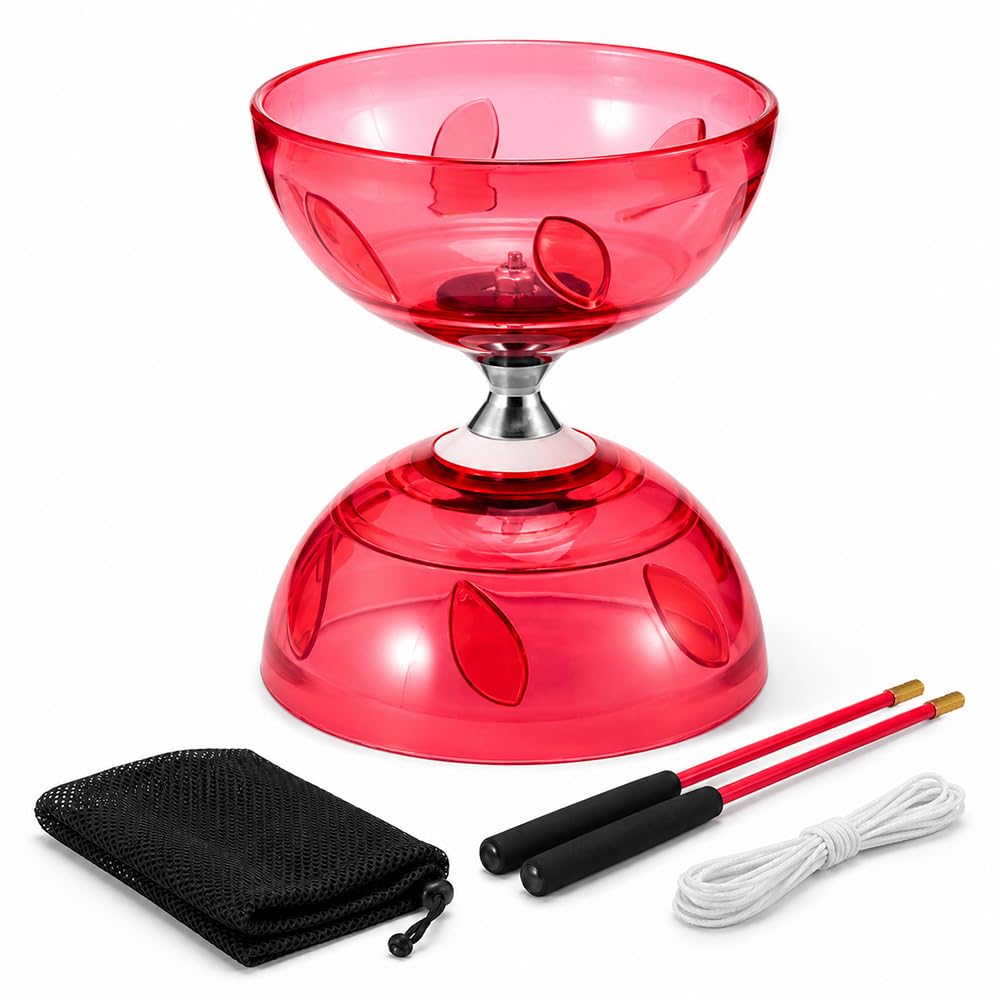 SGZIOO LED Triple Bearing Diabolo Set, Diablo Toy, Juggling Set with 10m Spare String, 2 Professional Sticks, Net Bag, Free Spinning Ball Bearing, Circus Toy for Adult, Beginner, Professional (Red)