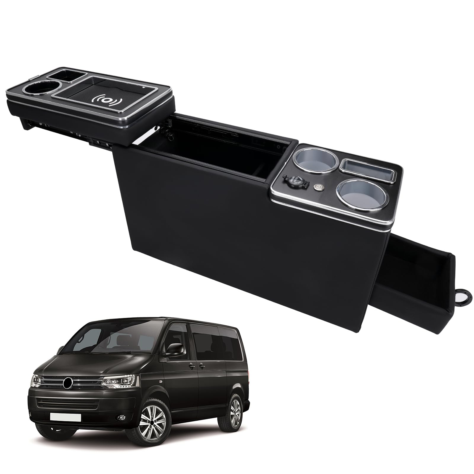 Console Centrale per T4 T5 T6 T6.1 T7, Scatola Portaoggetti Universale per Bracciolo Aggiornata con Vano Portaoggetti, Porte di Ricarica Usb e Luci a Led, con Funzione di Ricarica Wireless