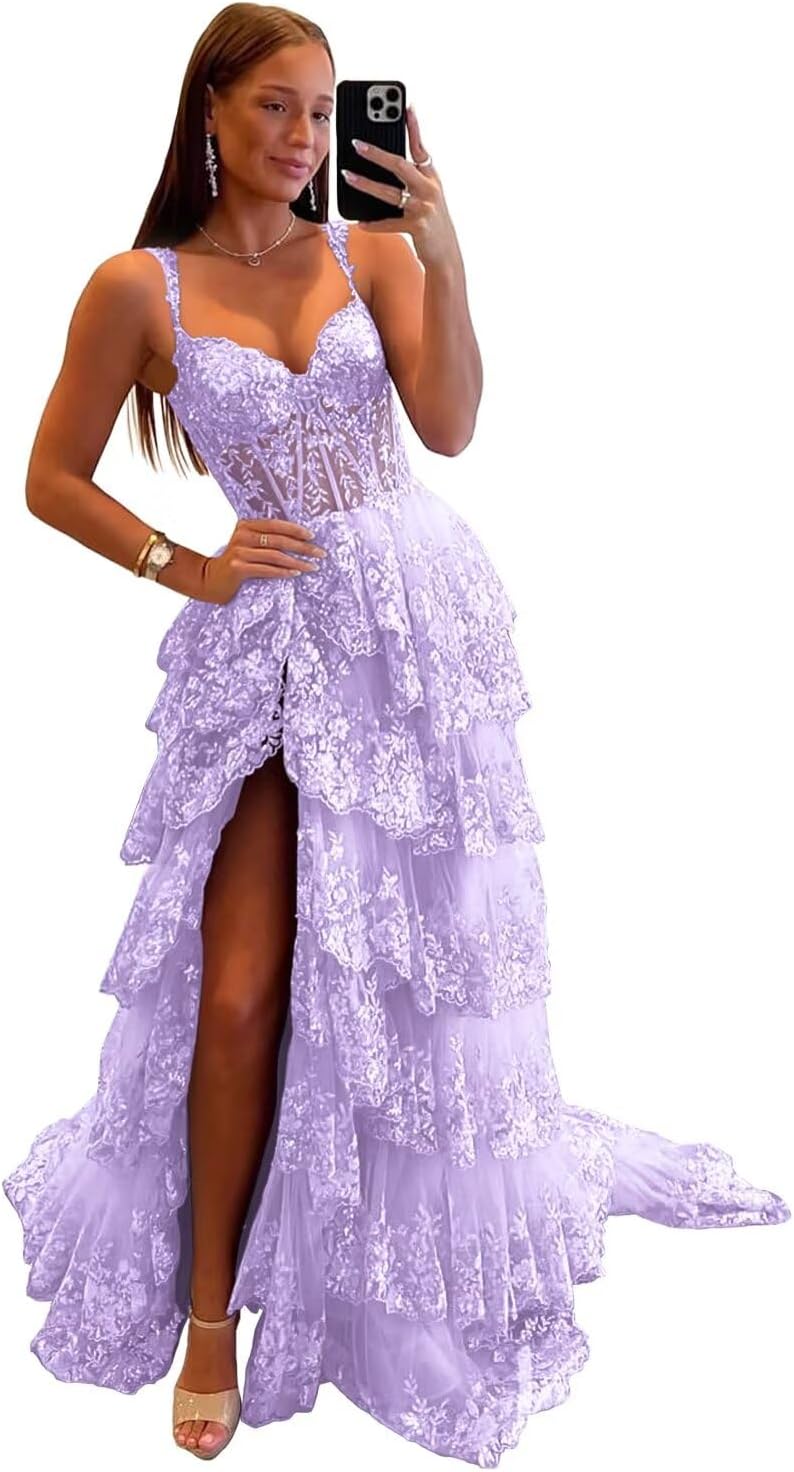Smileven Long Tiered Lace Tulle Prom Dress Spaghetti Straps Sparkly Formal Evening Party Gowns