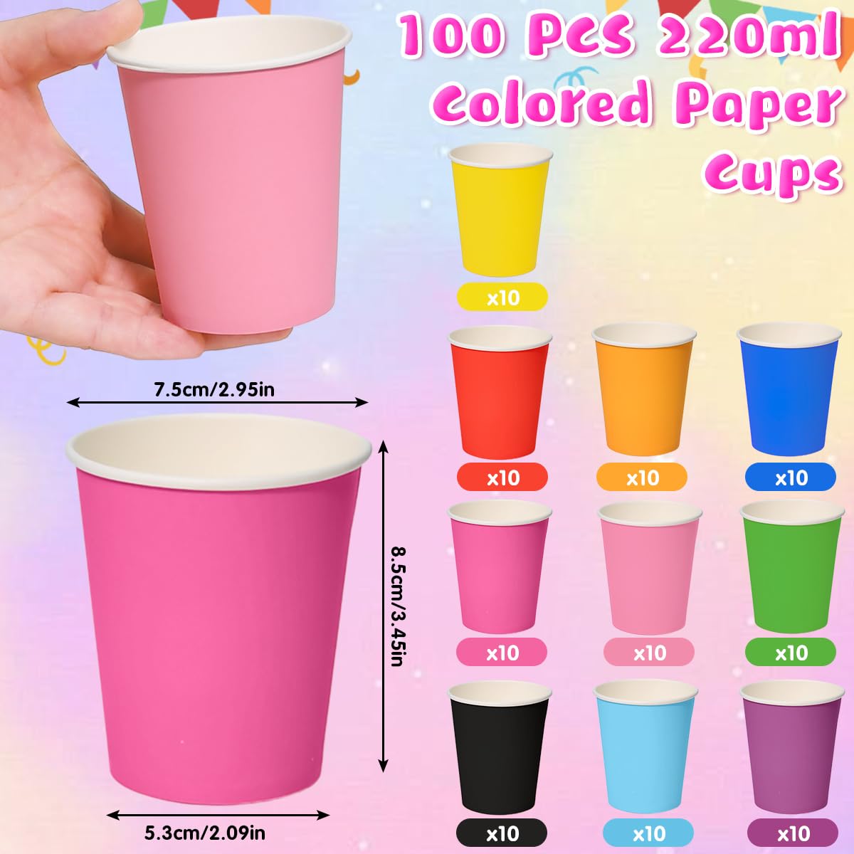 100 Pezzi Bicchieri di Carta Colorati da 220 ml Bicchierini Biodegradabili Cartoncino Multicolori Bicchieri Carta Tazze Carta per Feste per Feste Compleanni e Matrimoni, 10 Colori