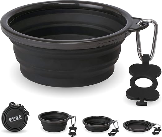Bonza by Leash Boss Small Collapsible Dog Bowl, Sturdy Reinforced Rim, Includes Carabiner & Water Bottle Holder Keychain, Black
