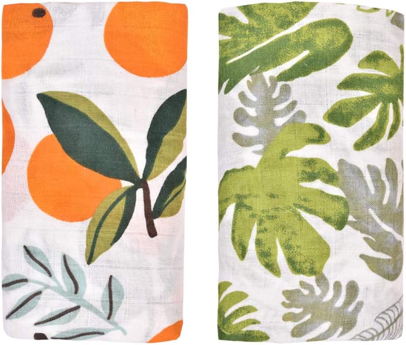 Ultra Soft Baby Swaddle Blanket,Soft Breathable Bamboo Baby Receiving Blanket Muslin Square Perfect Unisex Baby Shower Baby Registry Gift,120x120cm (Orange & Tropical Leaf）