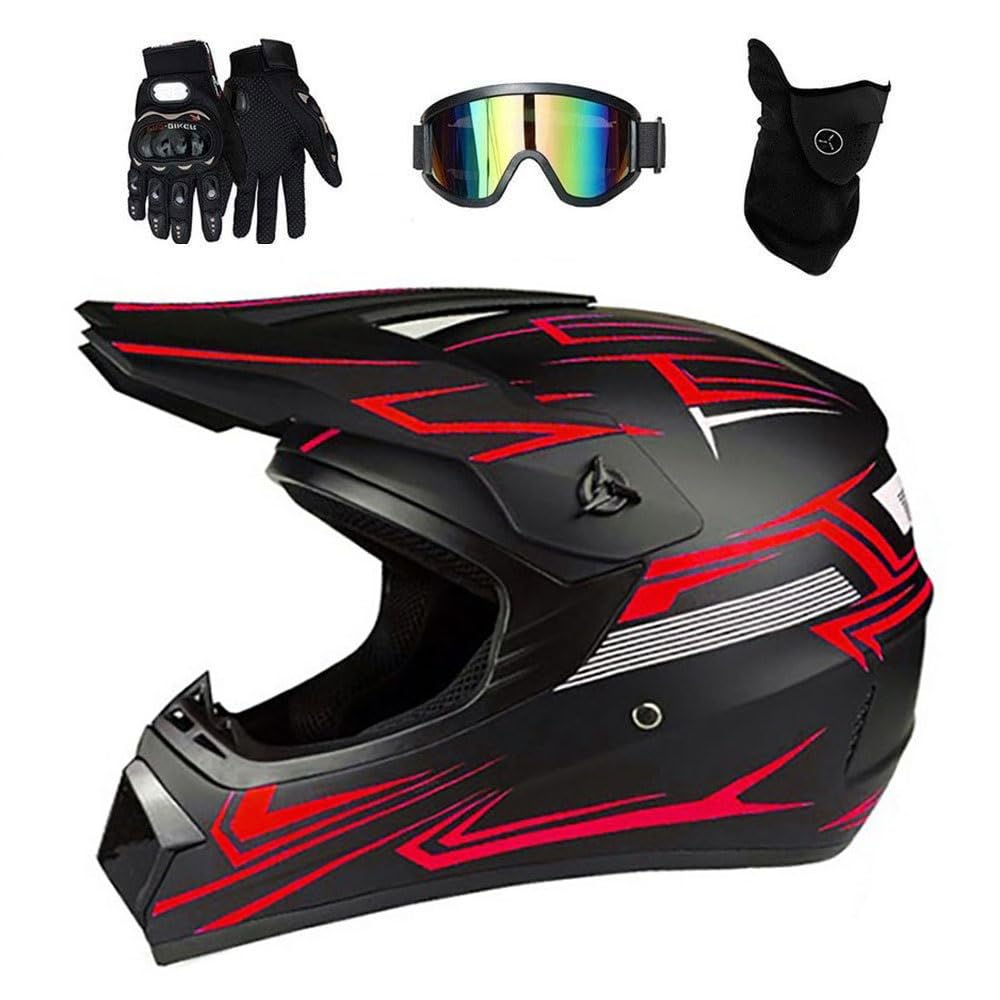 Ragazzi Bambini Moda MTB Casco da Motocross, Integrale Fuoristrada Strada Moto ATV Scooter Caschi, Discesa Enduro BMX Quad Dirt Bike Incidente Casco, con Occhiali Guanti Maschera