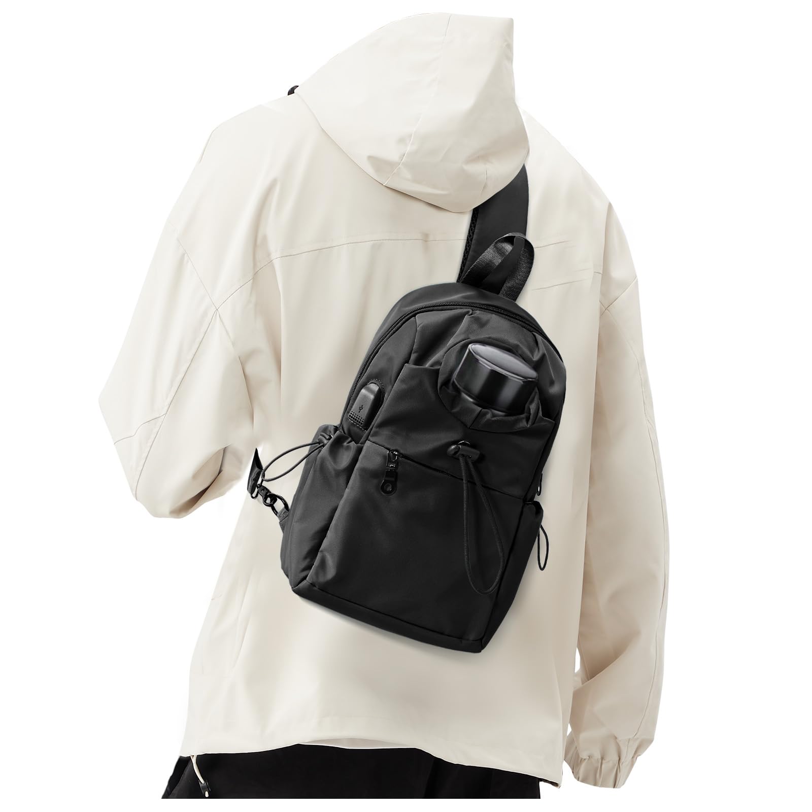 Black Sling Crossbody Bag for Men Women, Tactical Backpack Shoulder Daypack Mini Anti-Theft Cross Body Motorcycle Chest Bags, Small One Strap Fanny Back Pack for Casual Travel Hiking Sport Gym