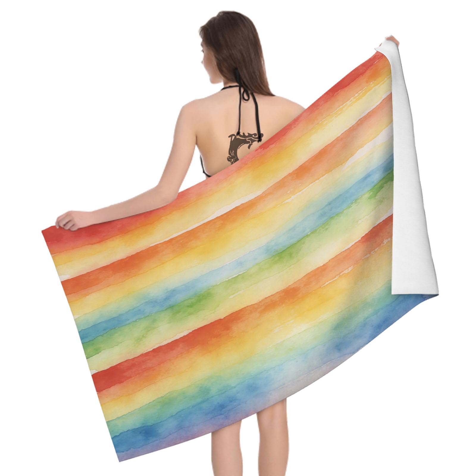 Leichong 3D Rainbow Watercolor Beach Towel Microfiber Soft Quick Dry for Adults, Abstract Bath Towel Lightweight Soft Absorbent for Travel Swimming Pool Sports, 75 x 150 cm