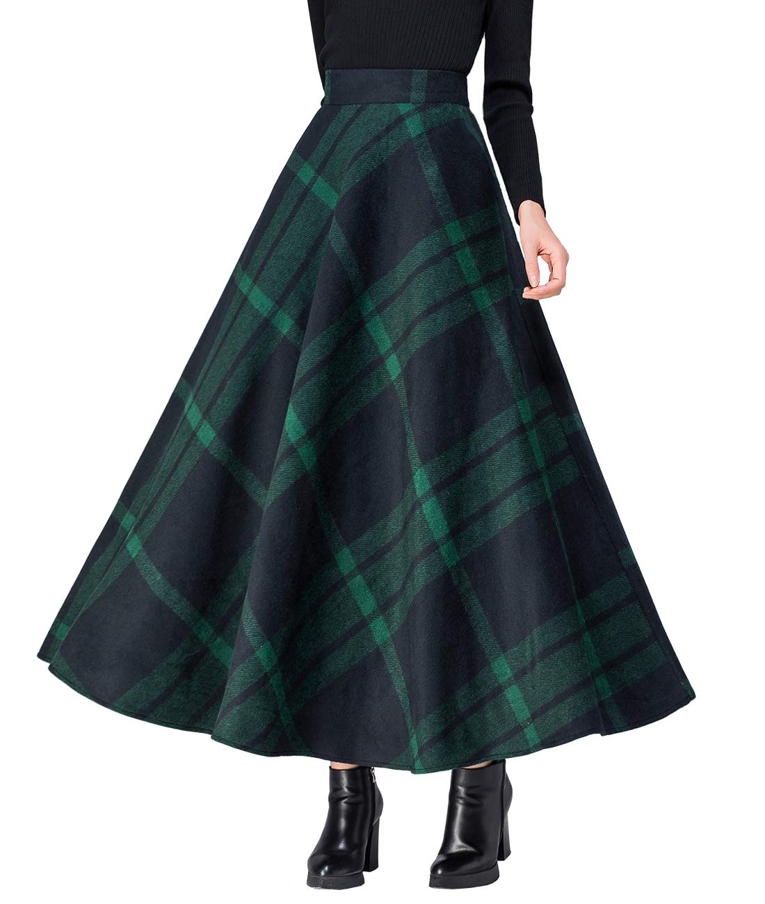 Femiserah Women's Long Maxi Woolen A Line Skirt Autumn Winter Plaid Skirt, Black Green Plaid, L