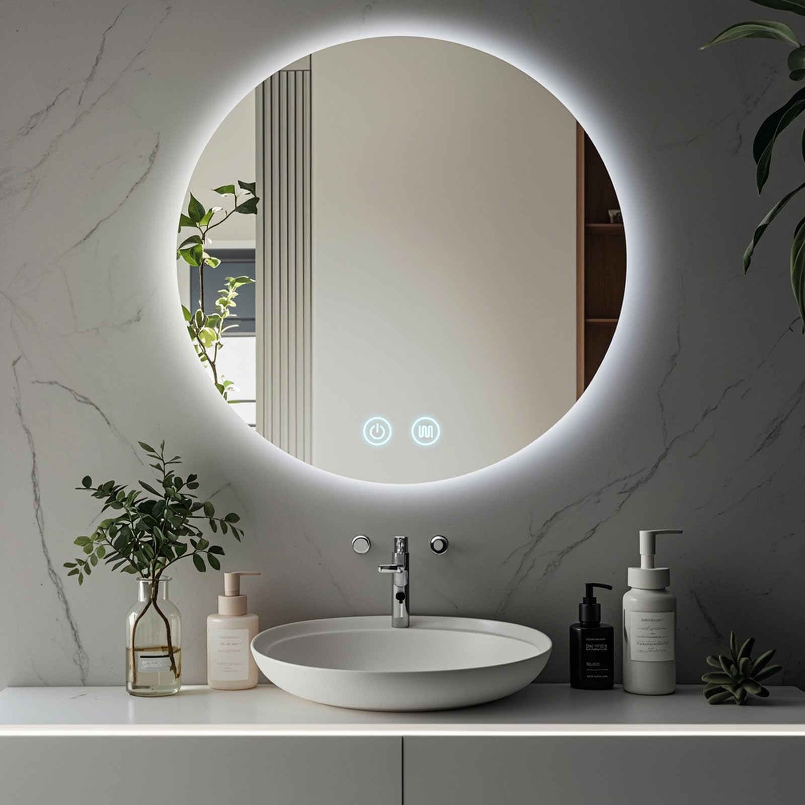 BKSXSOP LED Bathroom Mirror with Dimmable Colors, Anti-Fog Demister Pad, Touch Switch, Wall-Mounted Vanity Mirror, HD Tempered Glass, 70cm/27.6in Illuminated Design