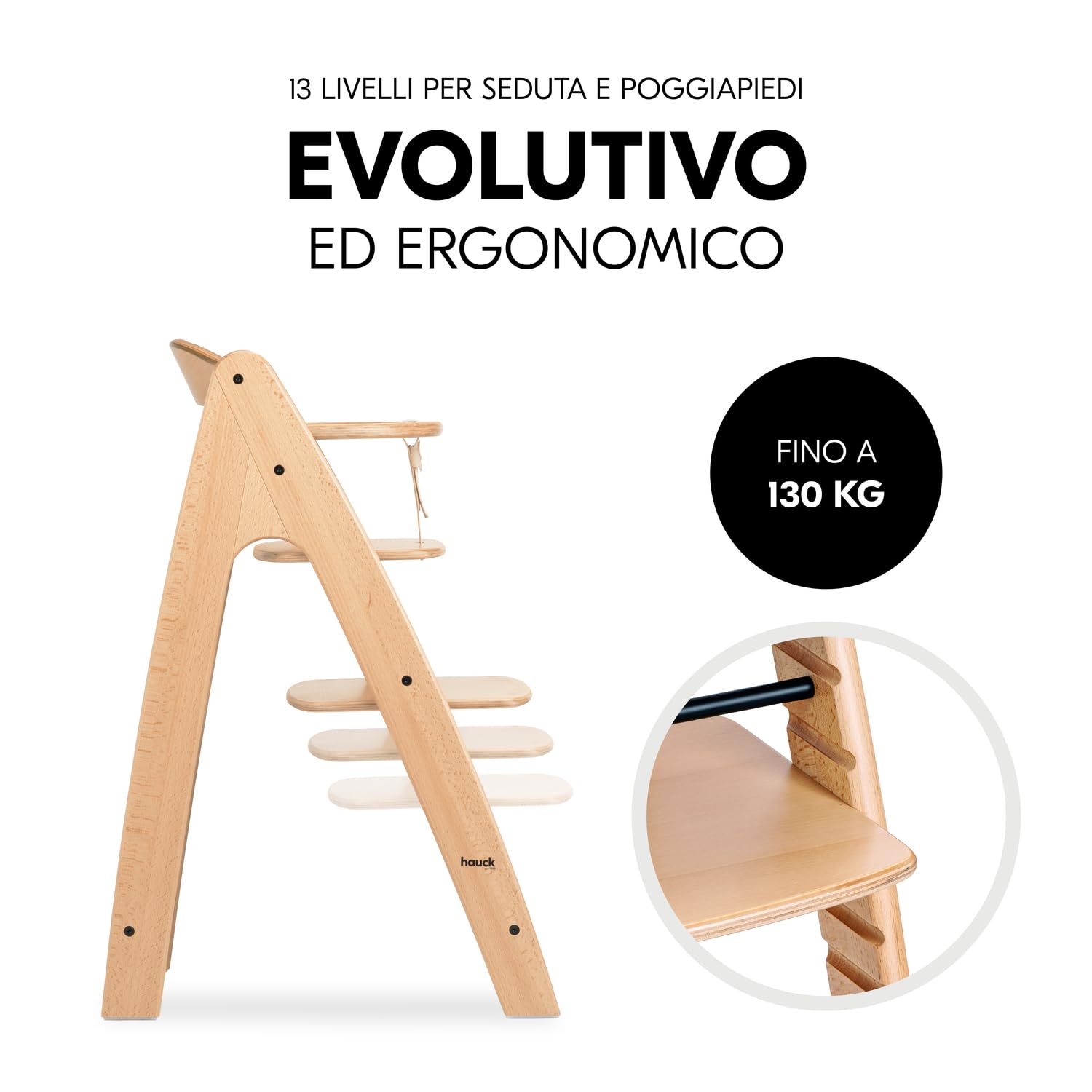 hauck Seggiolone Pappa in Legno Arketa - Seggiolone Evolutivo (Legno Certificato FSC®) dai 6 Mesi - Sedia per Bambini Regolabile, con Barra di Sicurezza e Cintura a 5 Punti - (Faggio)
