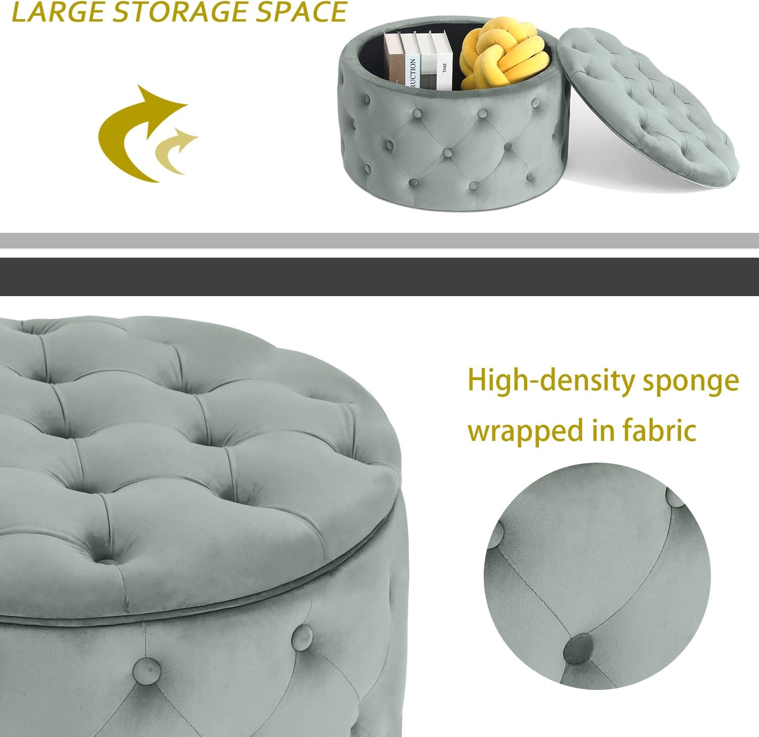 Adeco Modern 24.8 Inch Round Storage Ottoman, Button Tufted Upholstered Ottoman with Removable Top, Storage Bench Footrest Stool for Living Room Bedroom Entryway