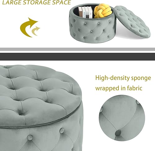 Miniatura 58 de Adeco Moderna silla otomana redonda de almacenamiento de 28 pulgadas, reposapiés otomano tapizado con botones con almacenamiento para sala de estar