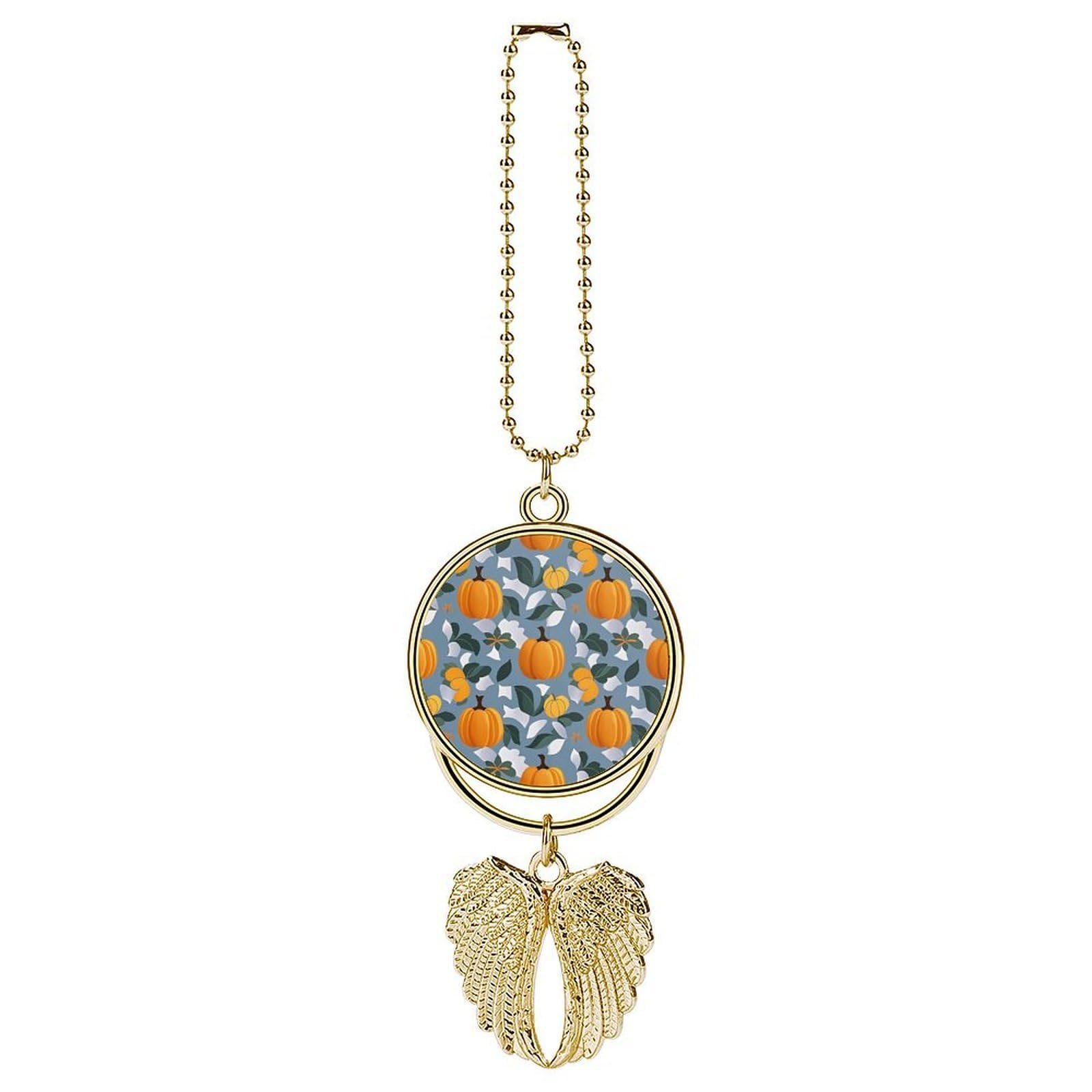 Orange Pumpkin Pattern Car Pendant Car Rearview Mirror Pendant Custom Photo Car Hanging Ornament Car Rear View Mirror Hanging Accessories Angel Wing Car Charm Gift for Men Women