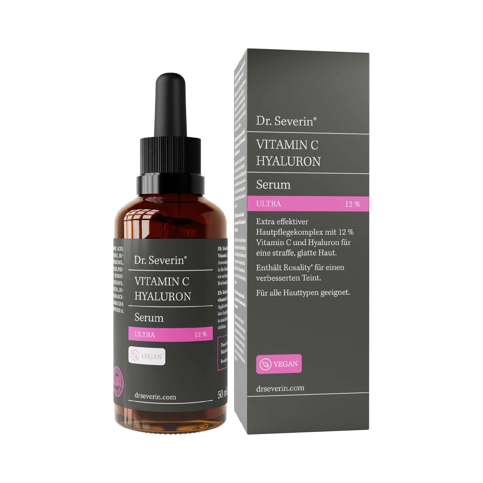 Dr. Severin 12% Vitamin C Hyaluron Serum Ultra 50 ml I hochkonzentriert Gesichtsserum I mit Hyaluronsäure I Aufhellend, Anti-Aging, Anti-Falten I auch gegen Pigmentflecken und Augenringe I Vegan