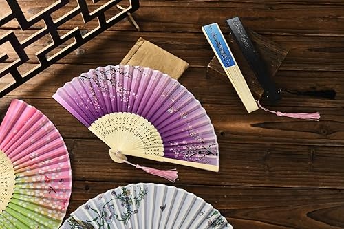 Miniatura 5 de HUNANBANG 4 abanicos de mano plegables de bambú oriental, regalo de boda, regalos de fiesta, decoración de bricolaje, tamaño 8 14 pulgadas, paquete