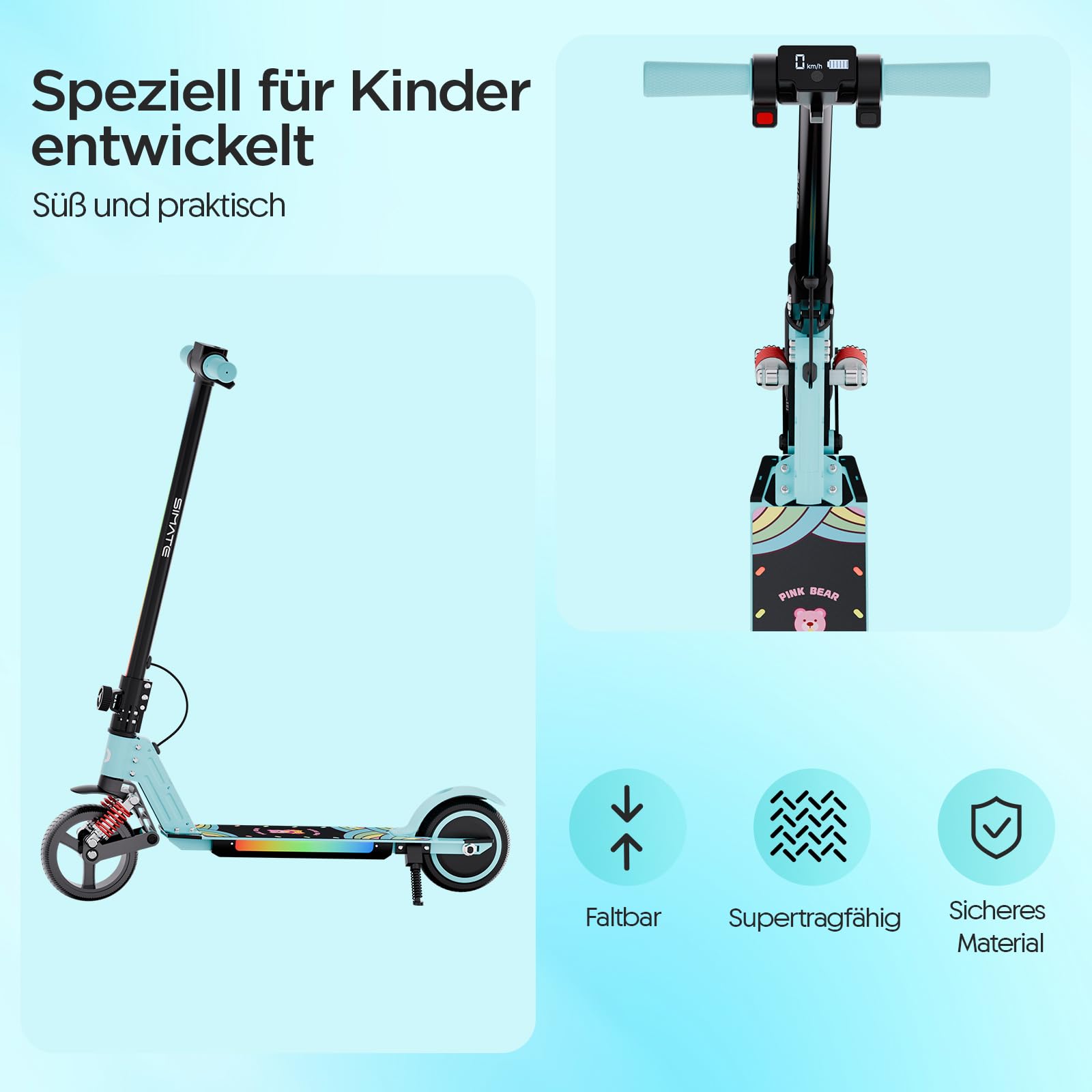S5 Patín Eléctrico para Niños, Scooter Eléctrico Plegable con Luz LED, Llantas Todo Terreno de 6,5", Velocidad Máx. 14 km/h, para 6-14 Años, Azul Cielo