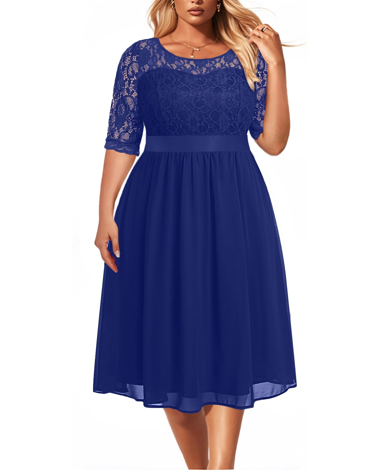 Plus Size Wedding Guest Dresses Women Cocktail Lace Chiffon Midi Dress | Lace top, chiffon midi skirt, half sleeves, high waist, elegant cocktail party, formal evening wear, soft lined fabric