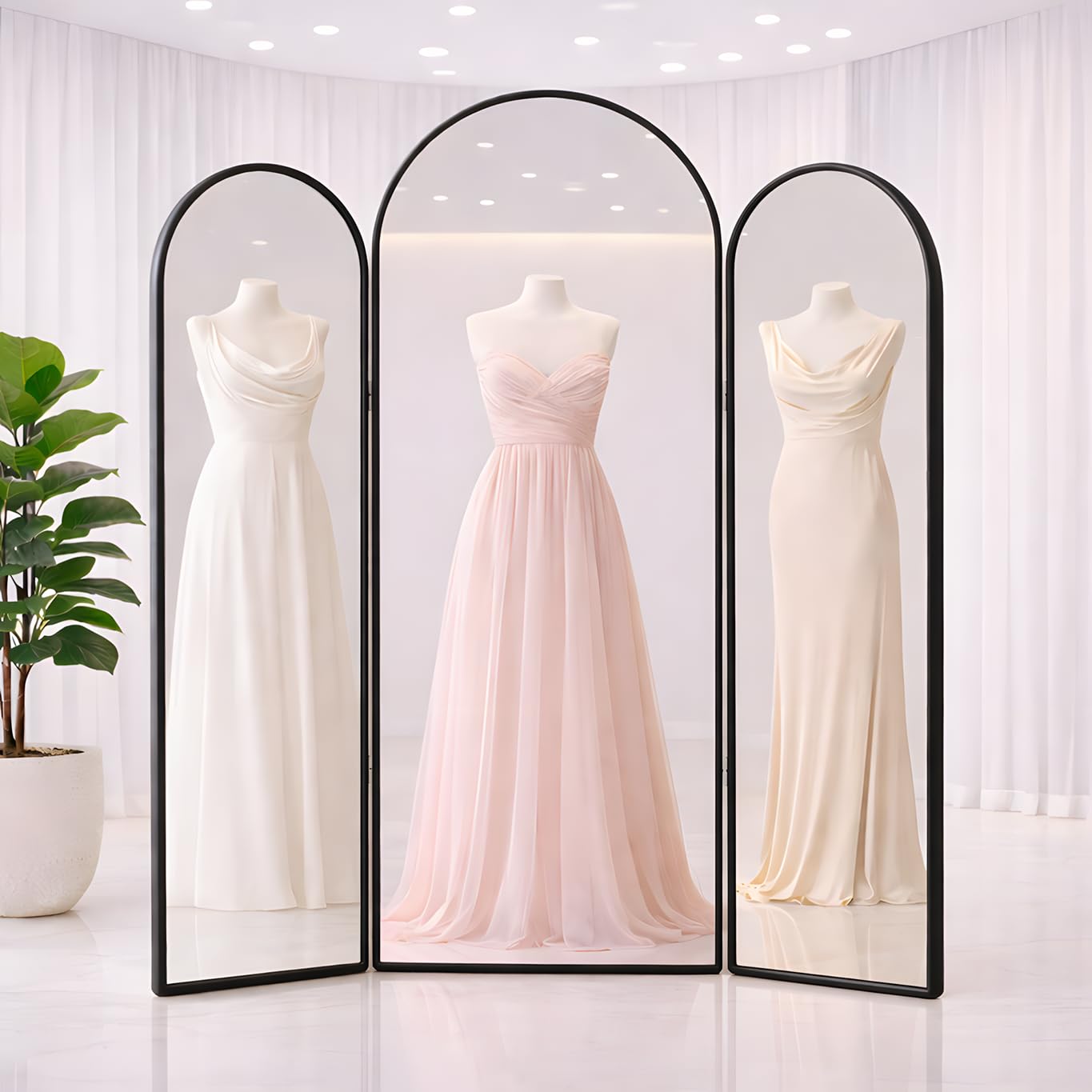 Photo 1 of 3 Way Arched Full Length Mirror Free Standing, 71"x 52" Large Modern Trifold Mirror with 3 Panel Tempered Glass & Metal Frame, for Dressing Room, Bridal Shop,Clothing Store (Black, 71"L x 52"W)