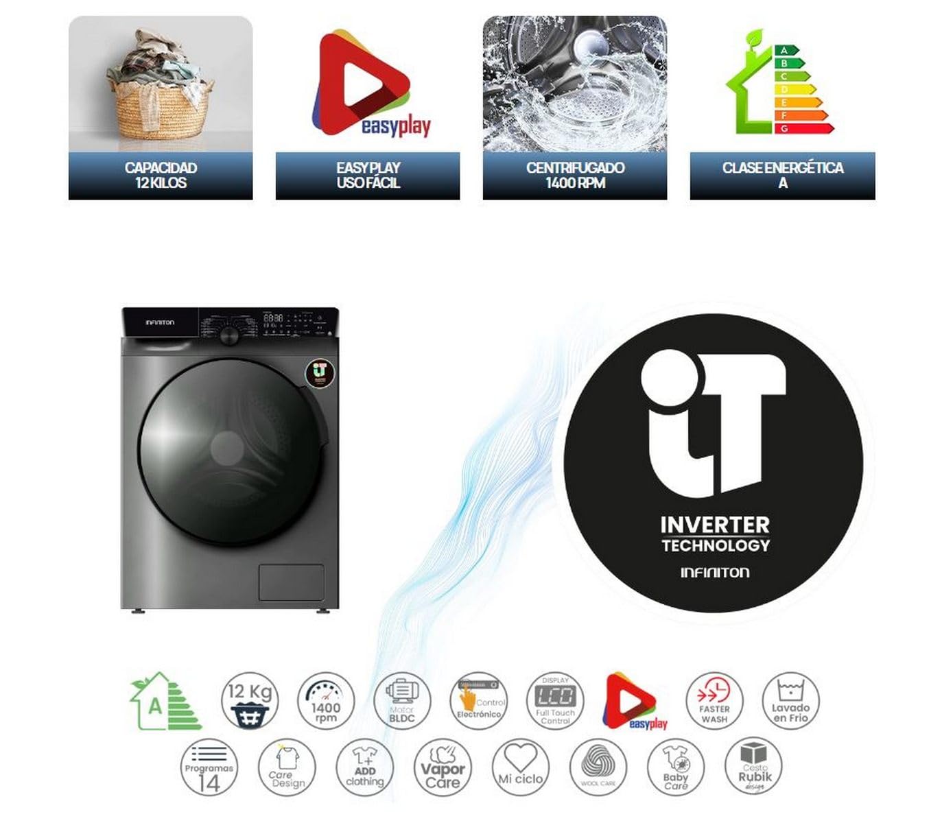 INFINITON Lavadora Carga Frontal WM-G124ADX, 12 kg, 1400 rpm, INVERTER, VAPOR CARE,ADD CLOTHING, 14 Programas, A, Silent mode, Inox