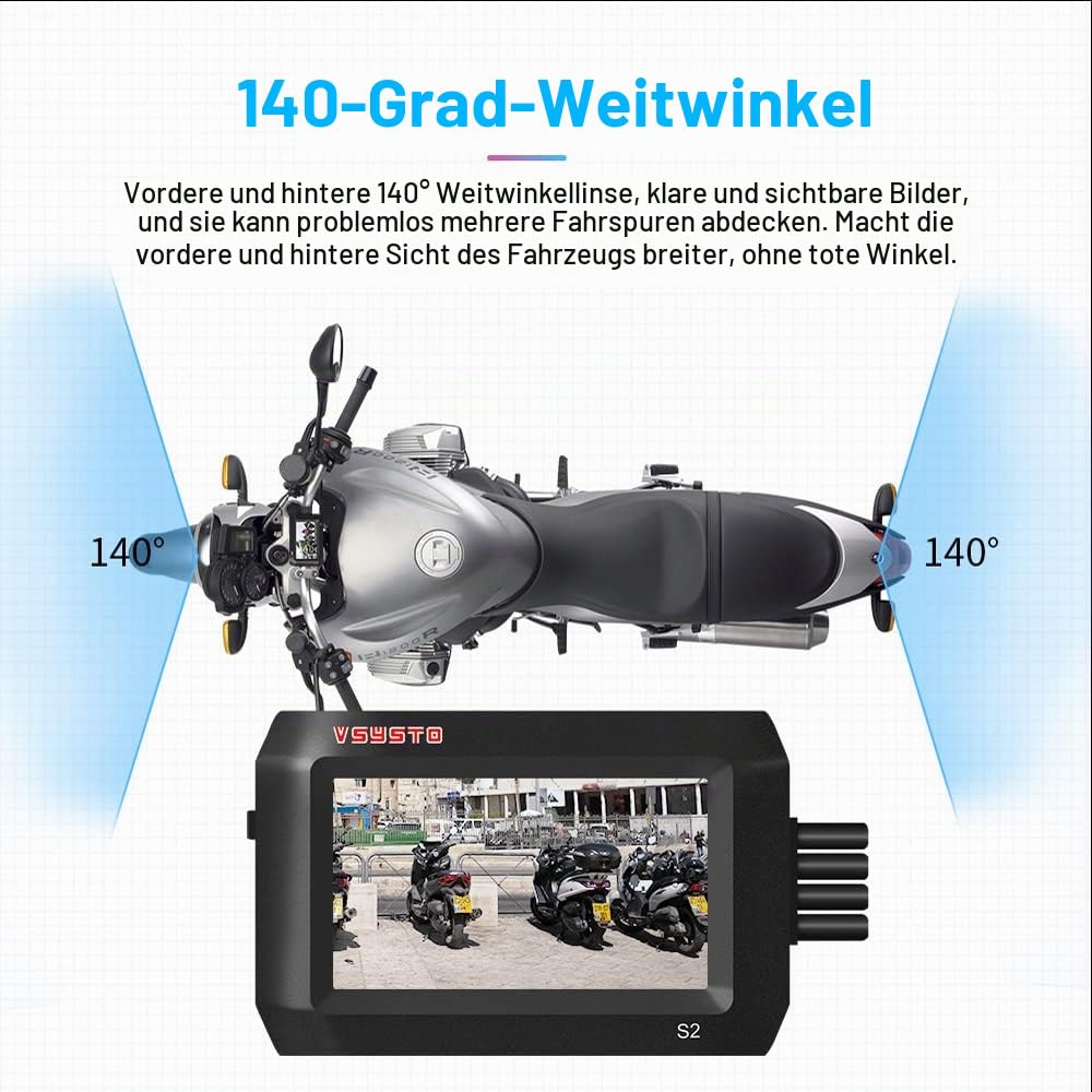 VSYSTO Motorrad-Dashcam, Duale 1080P-Front- und Rückfahrkamera 3-Zoll-IPS-Bildschirm 140 ° Weitwinkel WiFi-GPS-Ganzkörper-Wasserdichter mit Nachtsicht-Parküberwachung