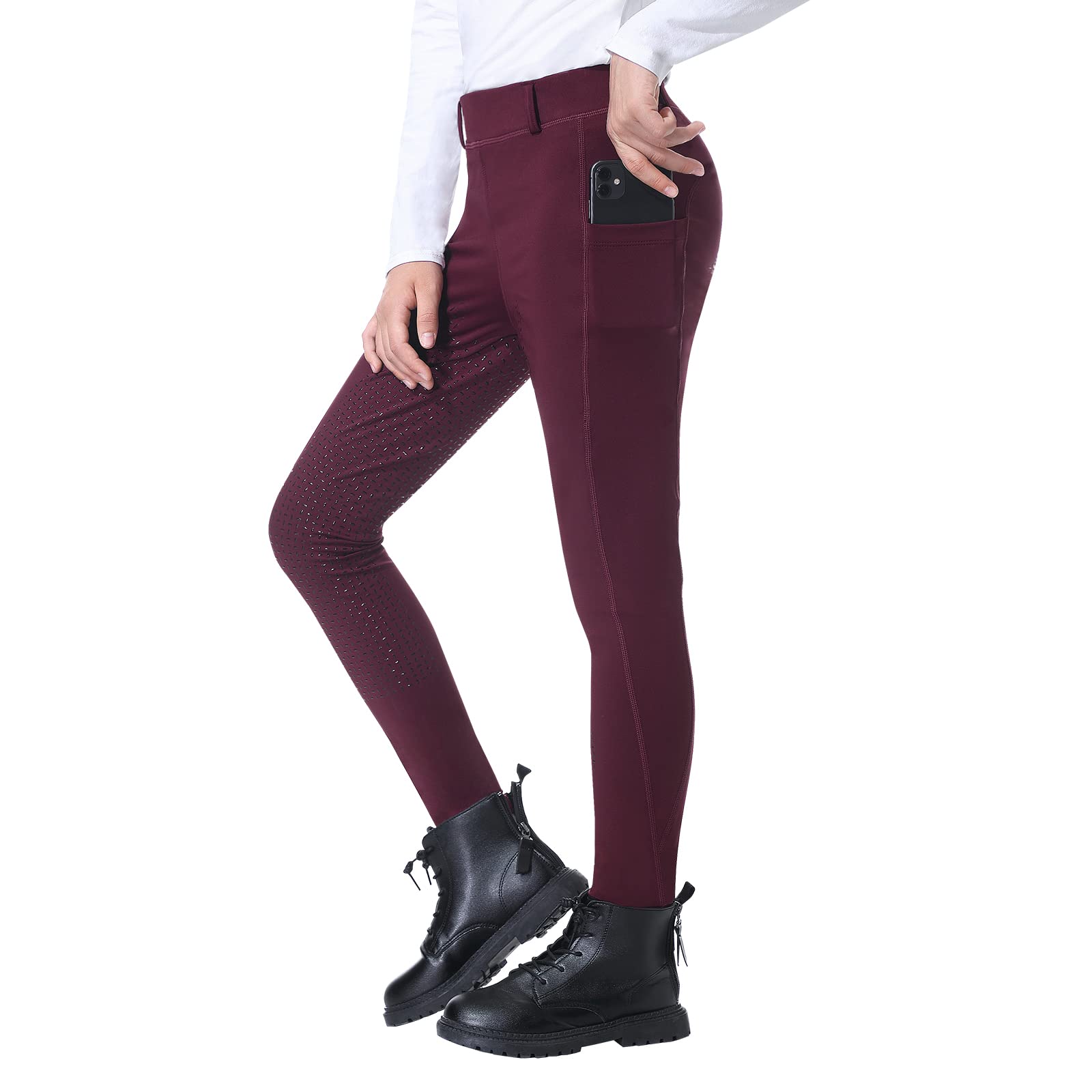beroy Pantalones de equitación para niños y niñas, de silicona, elásticos, con trabillas para cinturón y bolsillos laterales, A02-rojo, XXL
