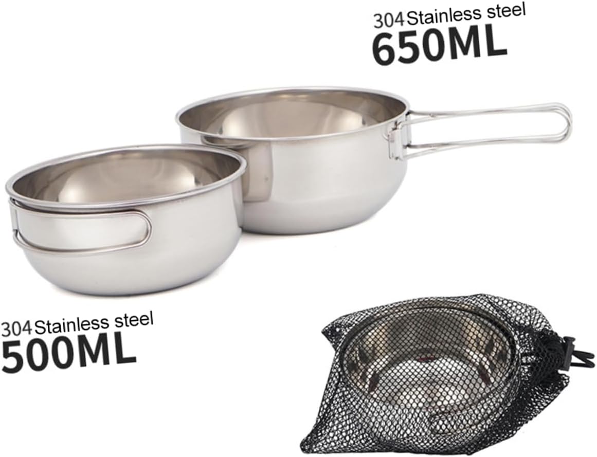 Kisangel 3Pcs Outdoor Camping Tableware Stainless Steel Folding Bowls with Mesh Bag Rust Resistant Portable Cookware for Hiking Fishing Picnic