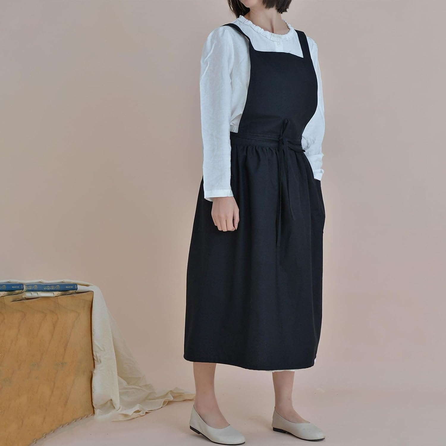 カフェエプロン レディー ス おしゃれ 綿 調節可能 無地 バッククロス 防水エプロン ポケット2個付きキッチンダイニングルームコー