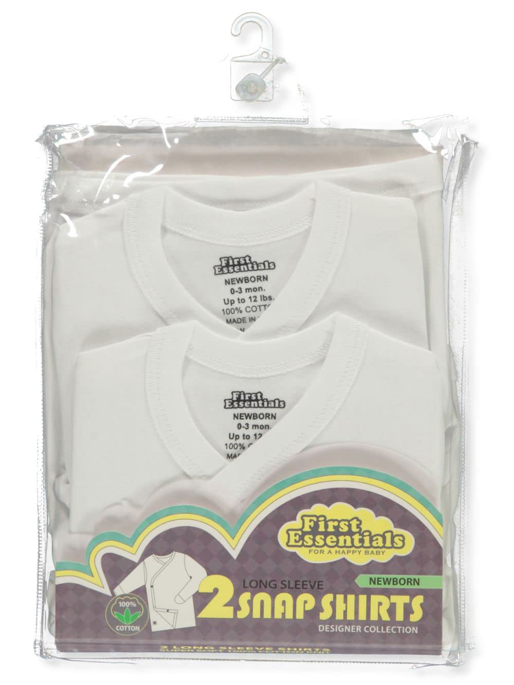 First Essentials Baby Unisex 2-Pack Long-Sleeved Snap Shirts - White, Newborn