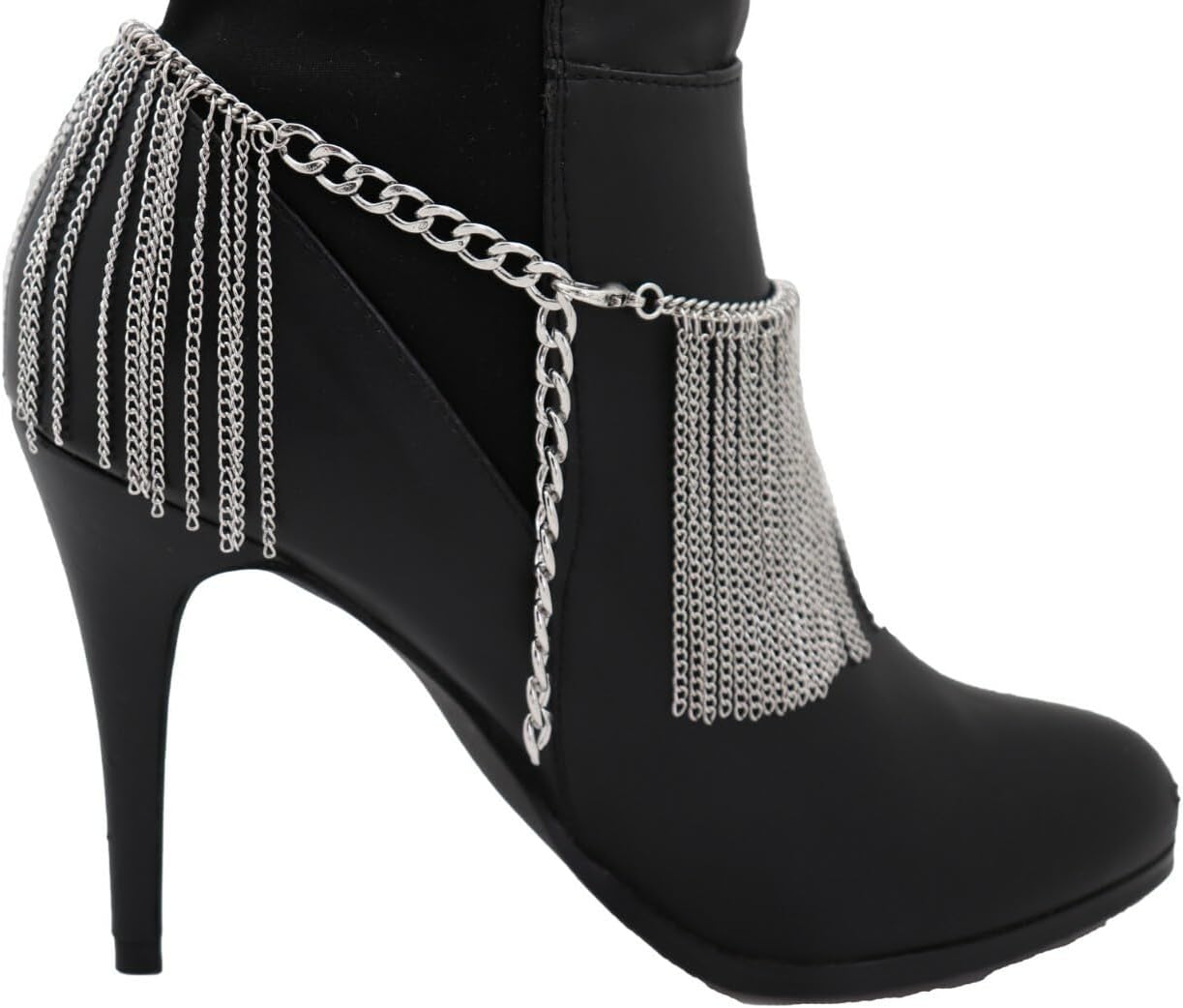 Women's Silver-Tone Chain Fringe Boot Bracelets For Women, Pair Of Long Tassel Boot Cuffs, Statement Shoe Jewelry Handmade In USA, BC127
