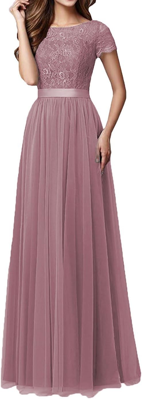 Anlin Women's Lace Bridesmaid Dress Sleeves Tulle Prom Evening Dresses Blush US14