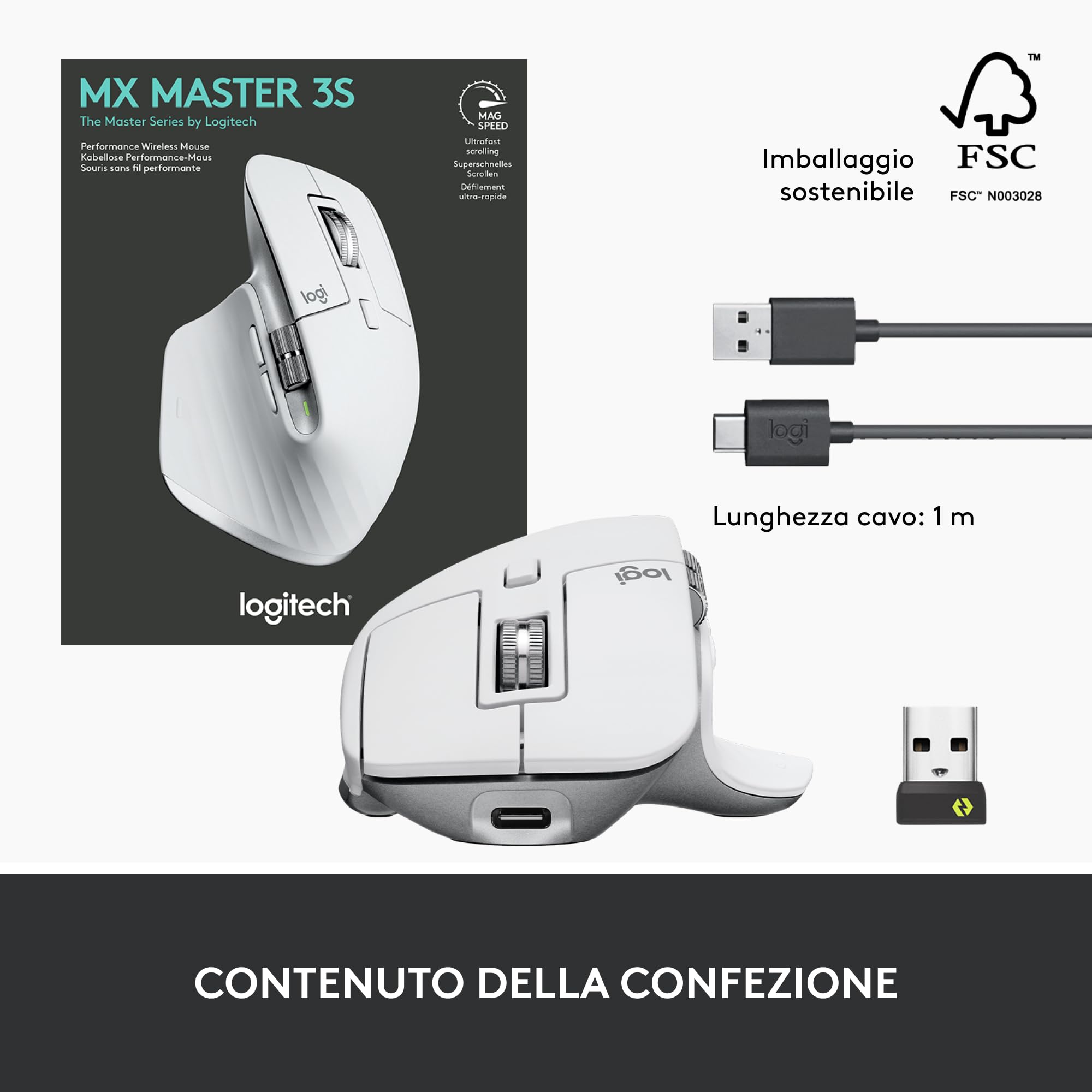 Logitech MX Master 3S - Mouse Wireless ad Alte Prestazioni | Scorrimento Ultraveloce, Ergo, 8K DPI, Tracciamento su Vetro, Clic Silenziosi, USB-C, Bluetooth, Win/Lin/Chr - Grigio chiaro