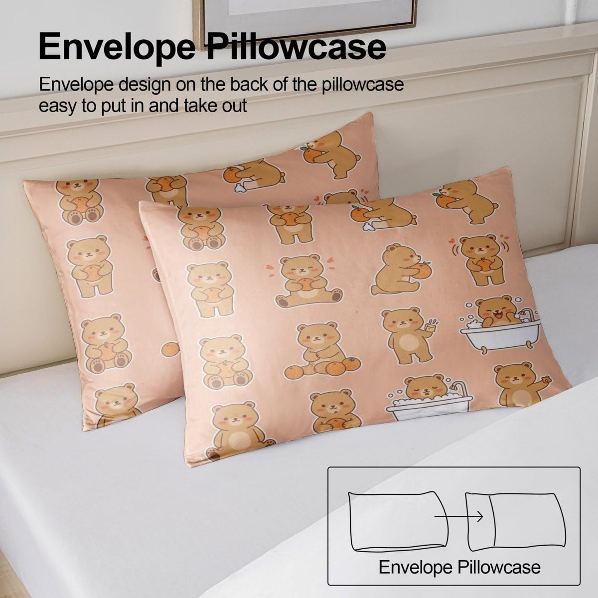 Juego de funda de edredón con diseño de oso kawaii, ropa de cama de matrimonio, color marrón y naranja, ropa de cama suave con fundas de almohada (05, tamaño King 240 x 220 cm + 65 x 65 cm x 2)