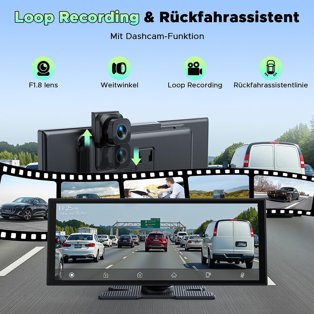 LAMTTO Wireless CarPlay Android Auto Display 10,25 Pollici Schermo per Auto Car Play con Dashcam Anteriore Posteriore 2,5K+1080P con Assistente Vocale Navigazione Bluetooth FM AUX Scheda TF 64GB