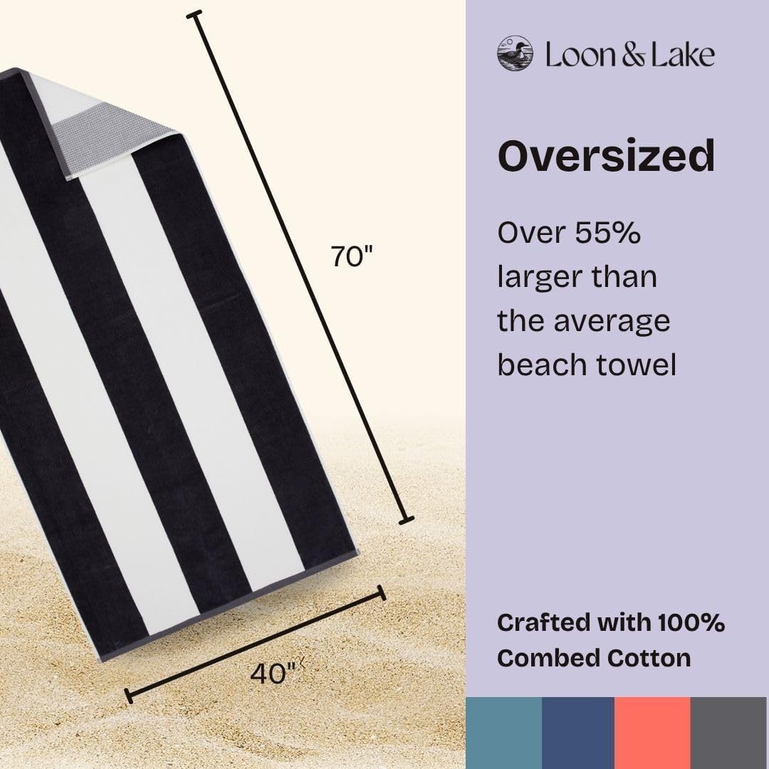 Loon & Lake Sand Resistant Beach Towels | Waffle Weave Reverse to Plush Velour Block Stripe | Oversized 40" x 70" | Crafted from 100% Combed Cotton | Wolfeboro Collection - Grey - Image 4