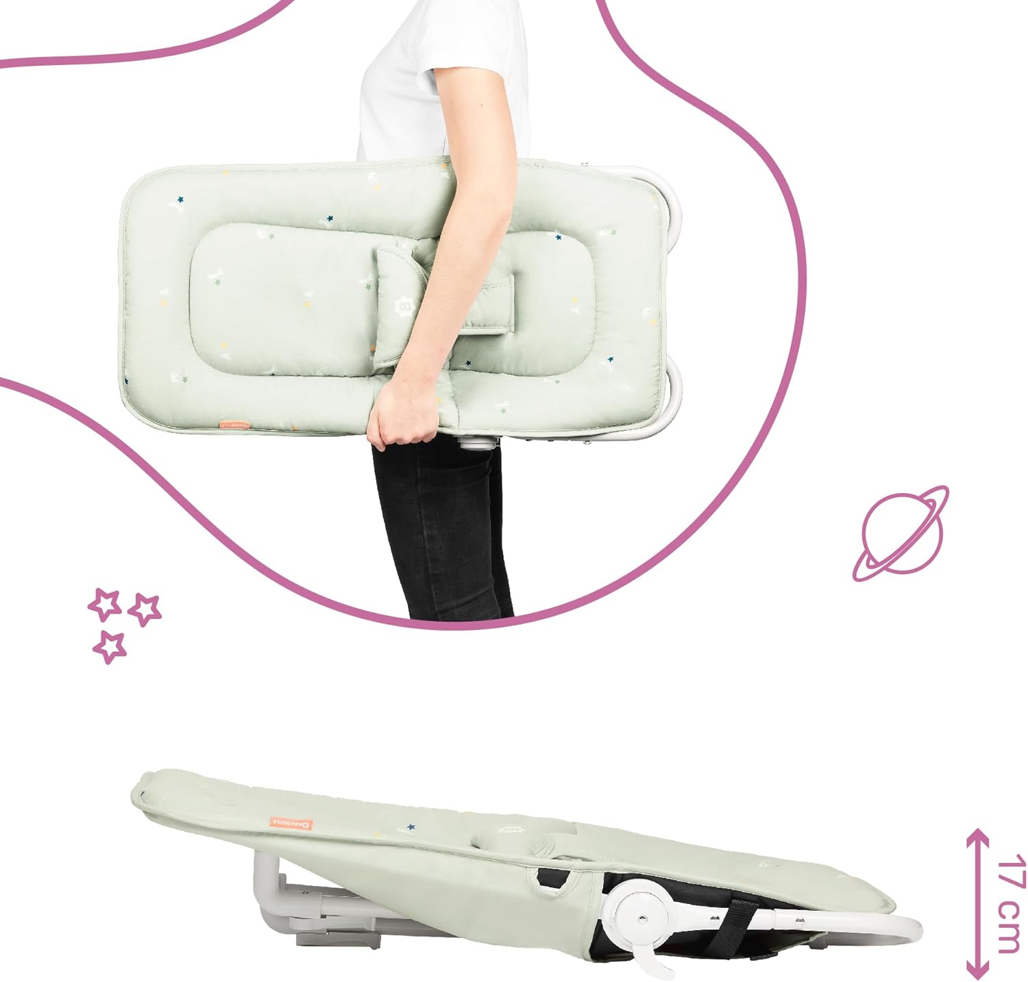 61tW2cauomL._AC_SL1500_ Badabulle Folding Baby Bouncer Chair Lichen - Adjustable Padded Backrest - Fixed or Rocker - 3-point safety harness - Detachable play arch - Removable cover