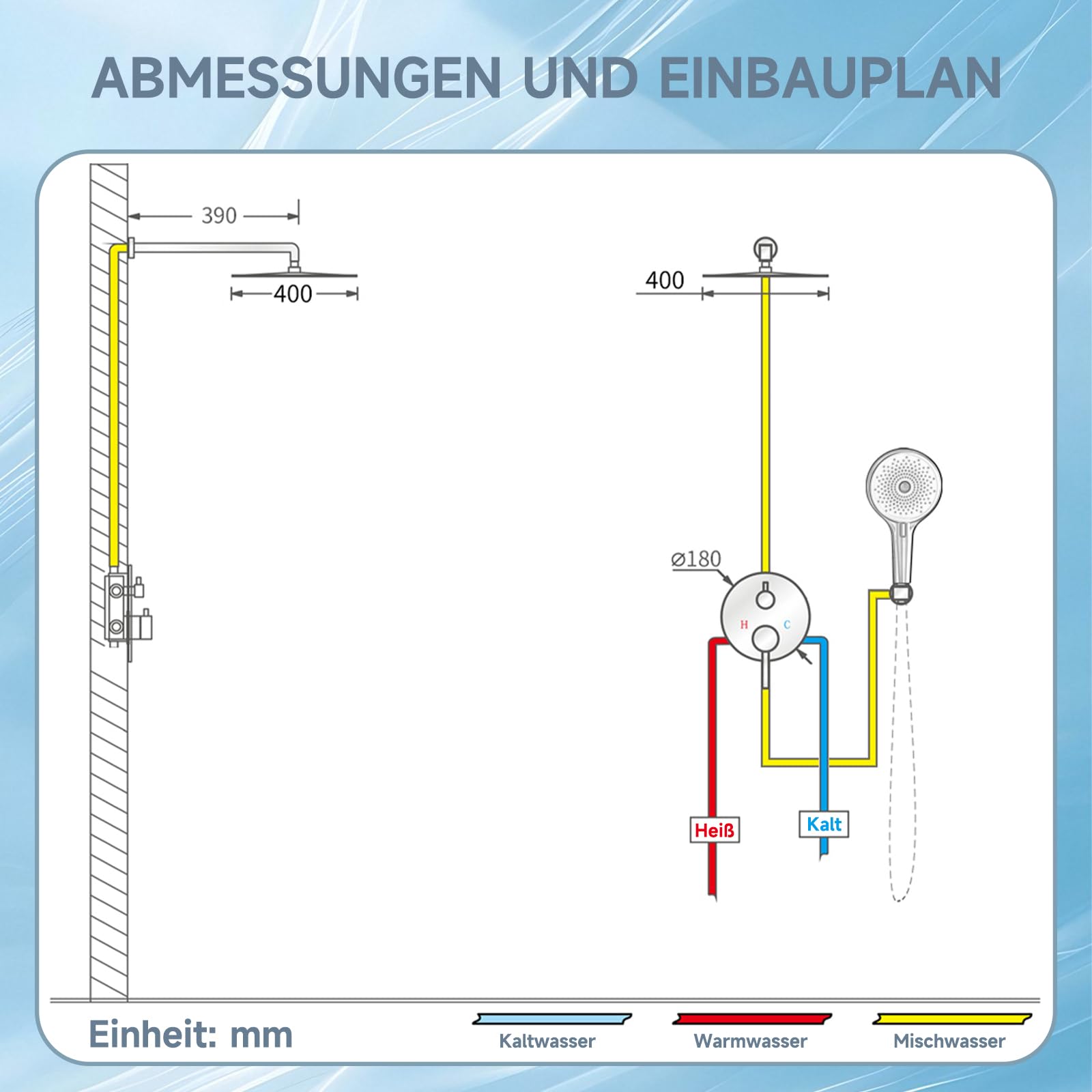 Duschsystem, Unterputz-Regendusche Gold gebürstet, Armaturen-Set