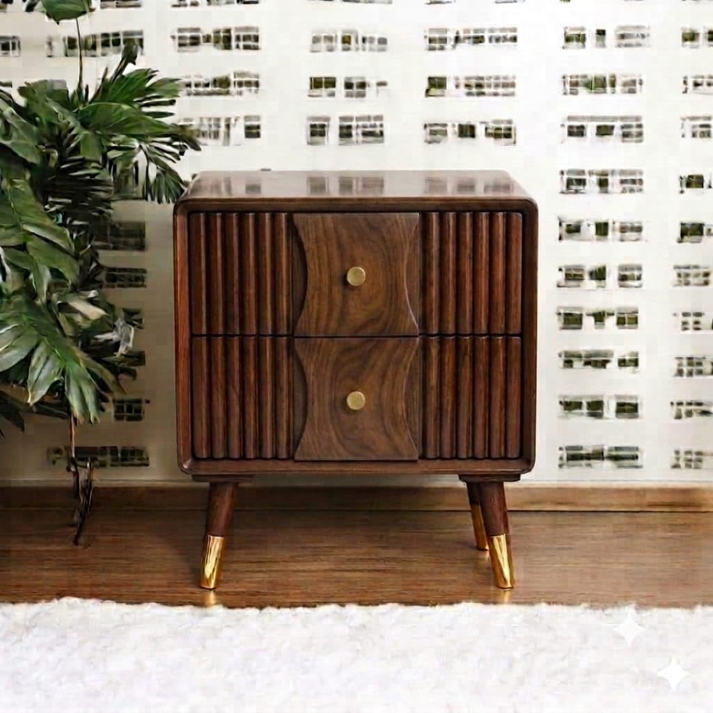 solid wood bedside table with carving drawers mid century night stand for living room | carving mid century modern side table with 2 drawers-multipurpose use for living room, bedroom (c-brown)