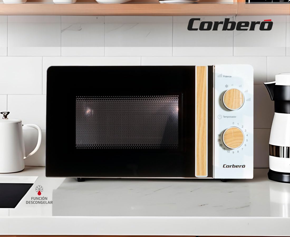 Corberó - Microondas | CMICG270WOODN | 20L | Potencia 700W | Descongelar y Calentar | Control Mecánico 5 Niveles | Temporizador 30 Min | Plato Giratorio 245mm | Blanco
