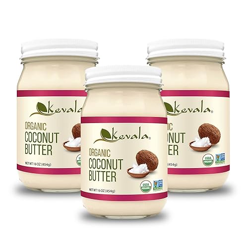 Kevala Mantequilla de coco orgánica – 16 onzas, paquete de 3, crema vegana de coco, sin gluten, sin OMG, azúcar no añadida, kosher, sin colesterol,